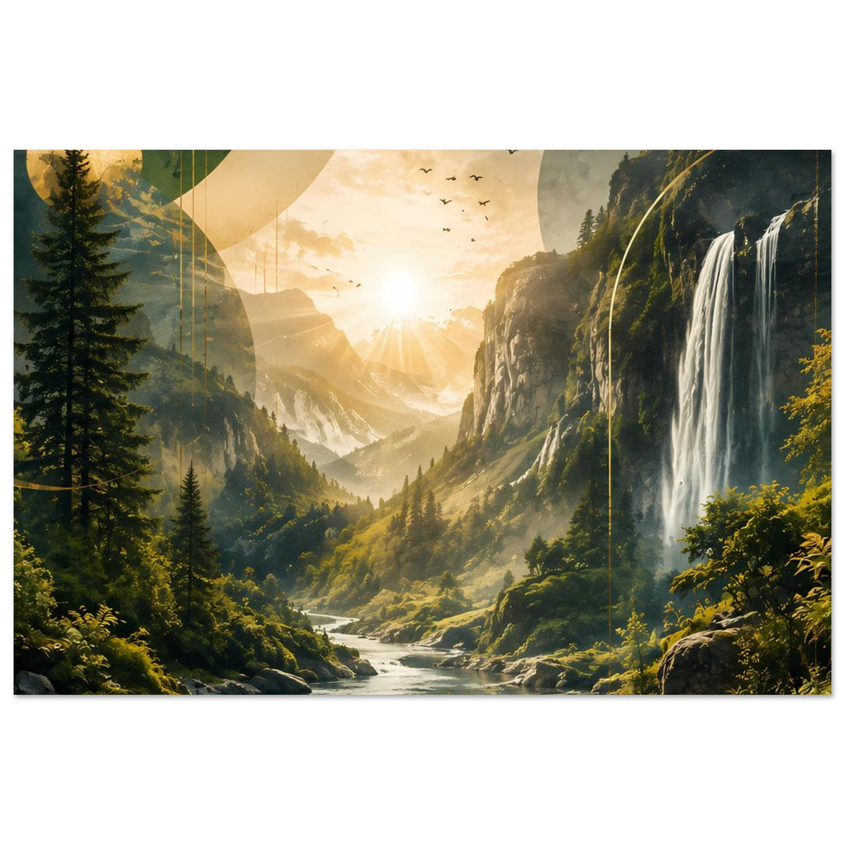 Landschaftsposter: Wasserfall rechts, Fluss durch das Tal, goldenes Licht, vertikal