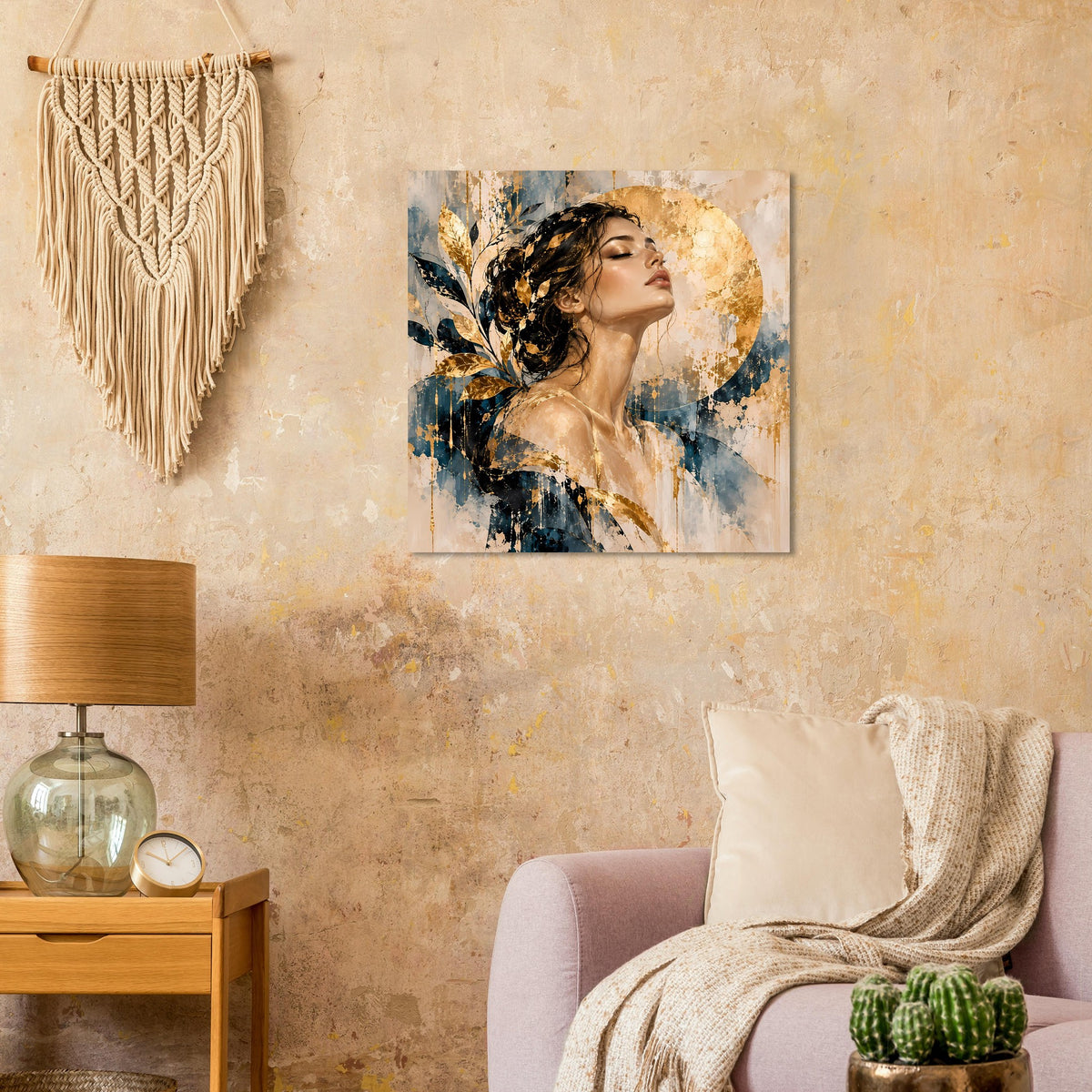 Kunst-Poster mit Frauenporträt, gold-blaue Farbakzente und ausdrucksstarken Pinselstrichen