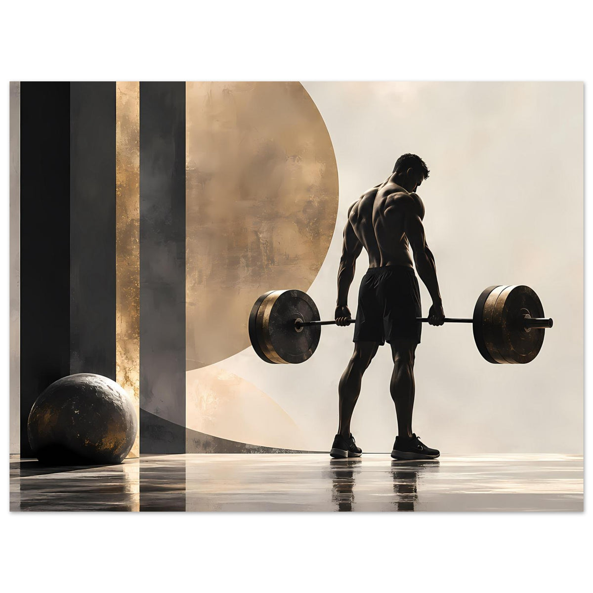 Krafttraining-Poster: Figur-Silhouette mit Langhantel, großes Rundgewicht links und goldene Akzente