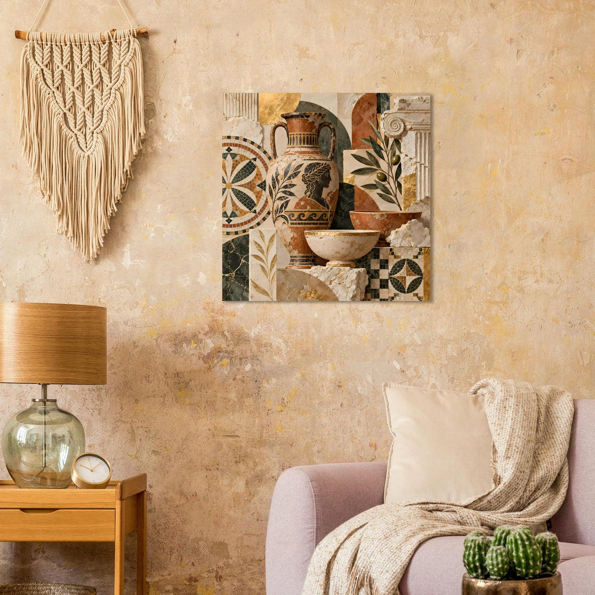 Quadratisches Mosaik-Poster mit Vase, Teller, Blättern und Patchwork-Fliesen in Beige