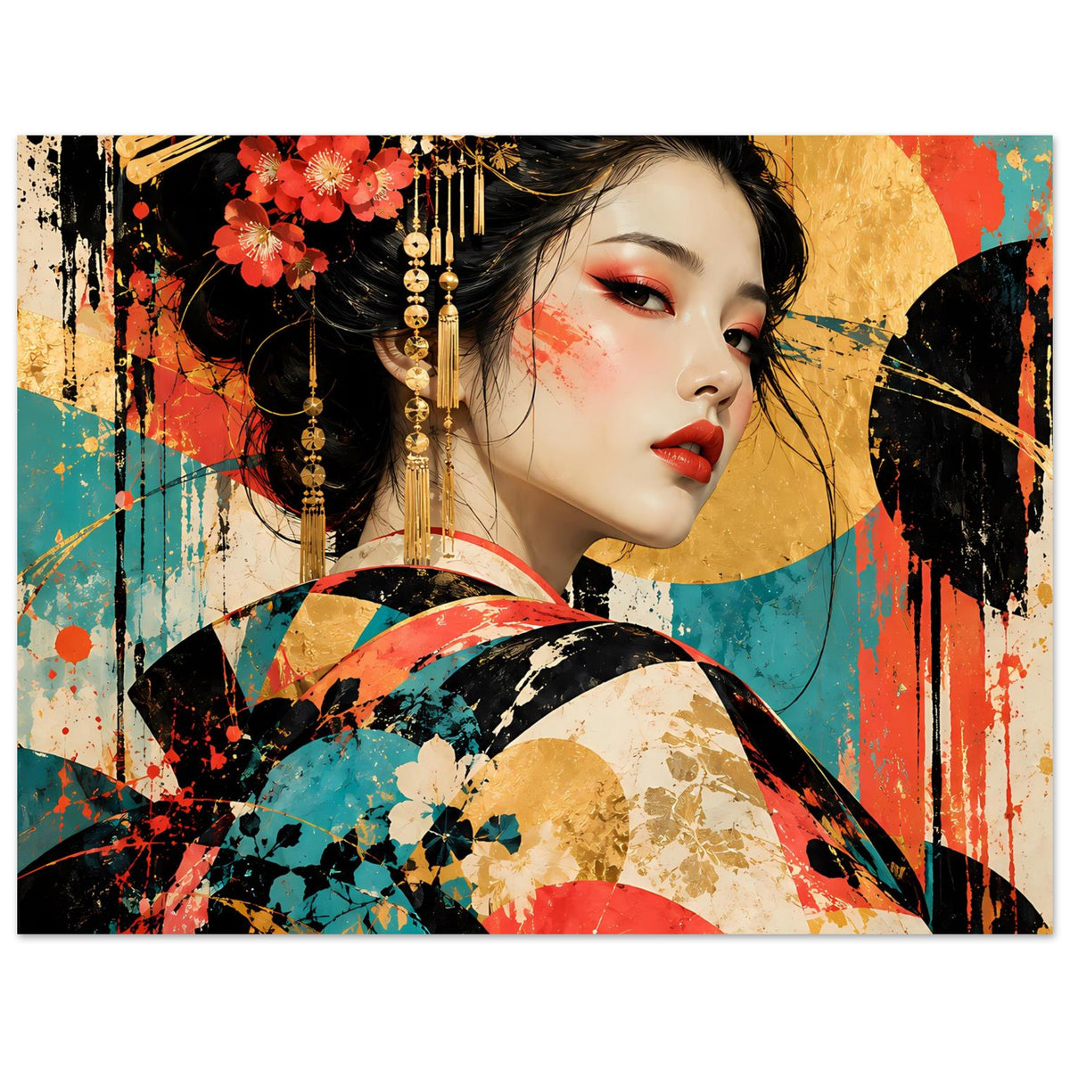 Breites Kunstposter mit Geisha-Porträt, Blüten im Haar und gemusteter, farbiger Kleidung