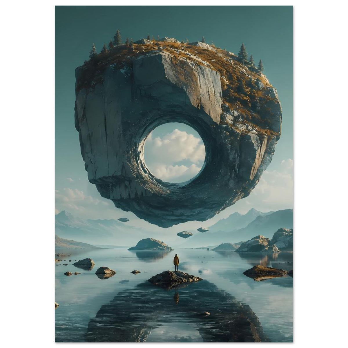 Surreales Poster: schwebender Felsring über See, rundes Loch und Person am Weg
