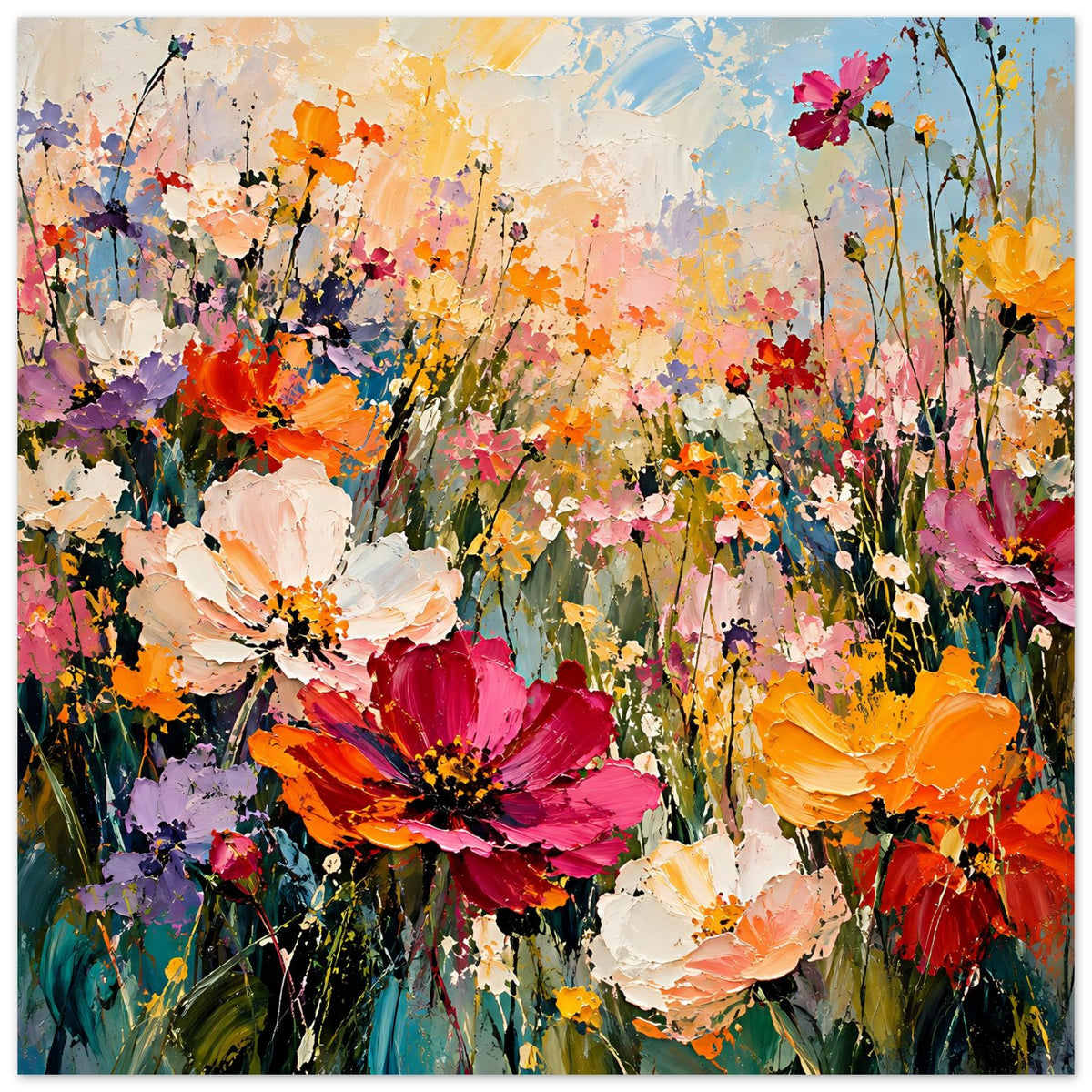 Blumenposter mit großen Blüten in Pink und Orange sowie weißen Blüten im gemalten Farbgewusel