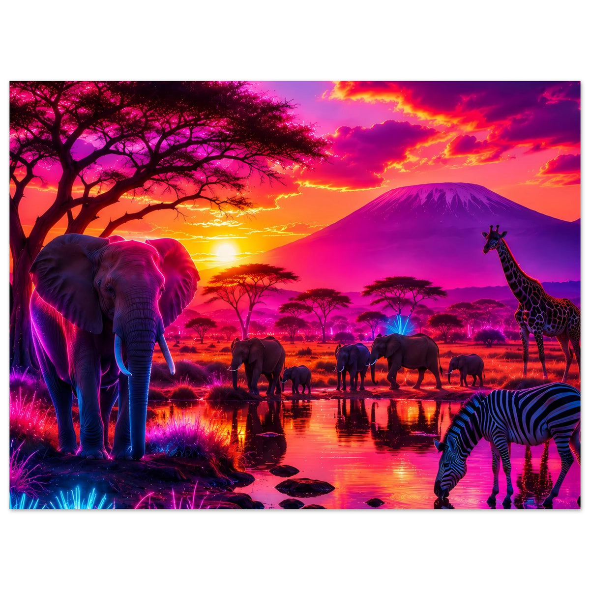 Neon-Safari-Poster: Elefant, Zebra und Giraffe vor leuchtendem Himmel über einer Savannenherde