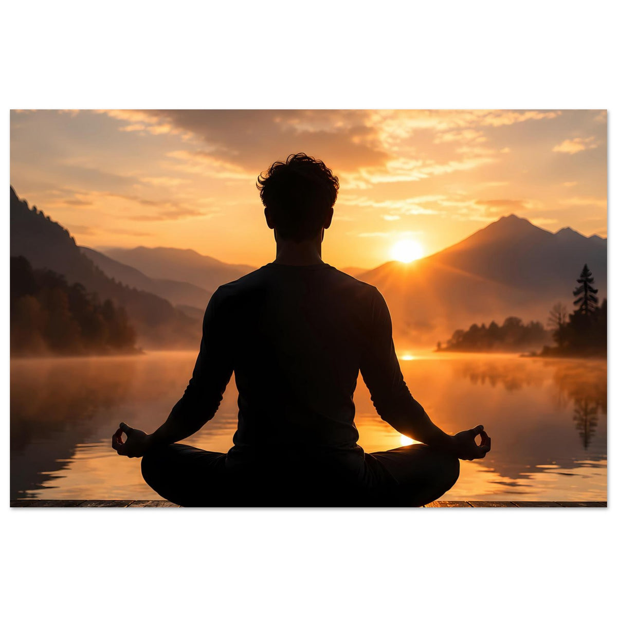 Quadratisches Poster mit Person im Lotussitz als dunkle Silhouette und goldenem Himmel