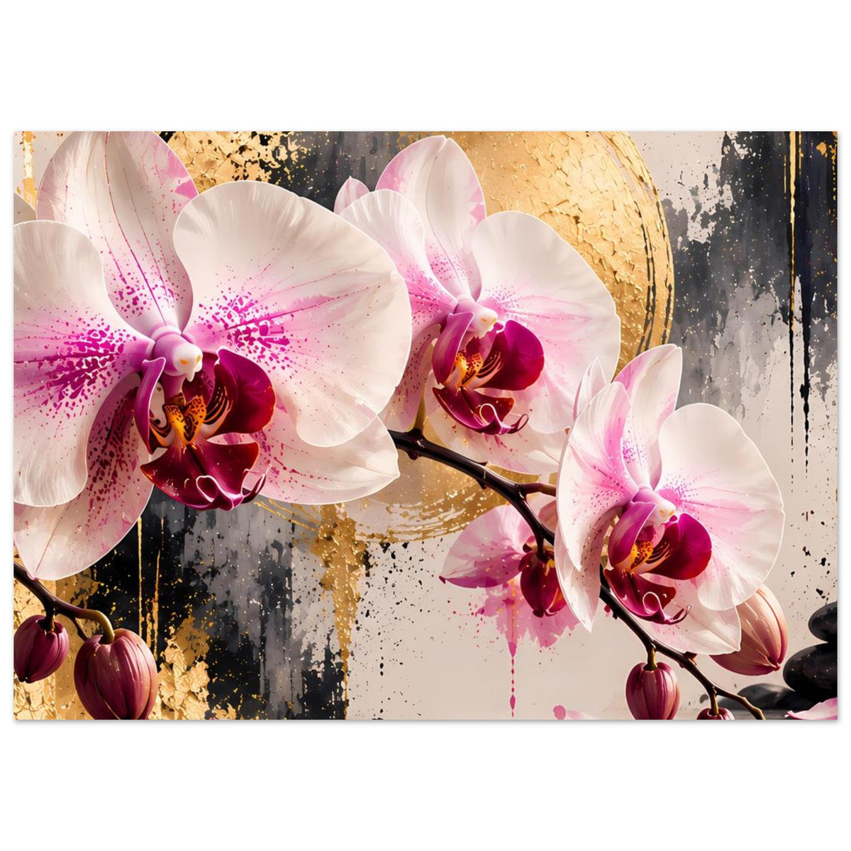 Orchideen-Poster mit weißen Orchideenblüten, pinken Sprenkeln und goldfarbenem Bogen