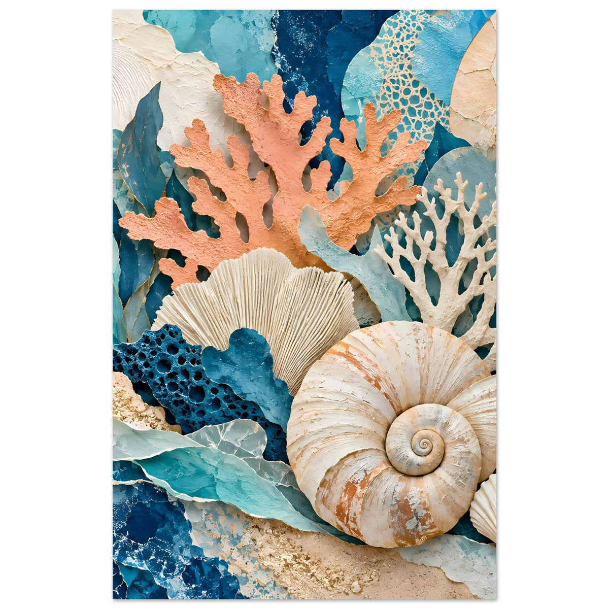 Meerestief-Poster mit Korallen- und Muschelcollage in Blau- und Erdtönen, hochformat
