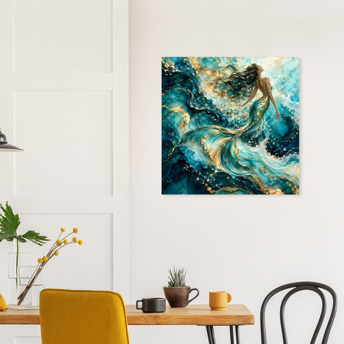 Kunstposter Meerjungfrau: türkise Wellen, goldene Akzente und dunkle Farbflächen
