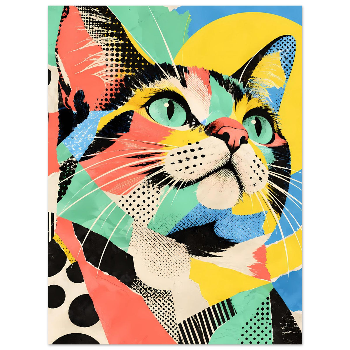 Pop-Art-Katzenposter mit mittiger Katzenkopf-Komposition, kräftige Farbflecken und Punkte
