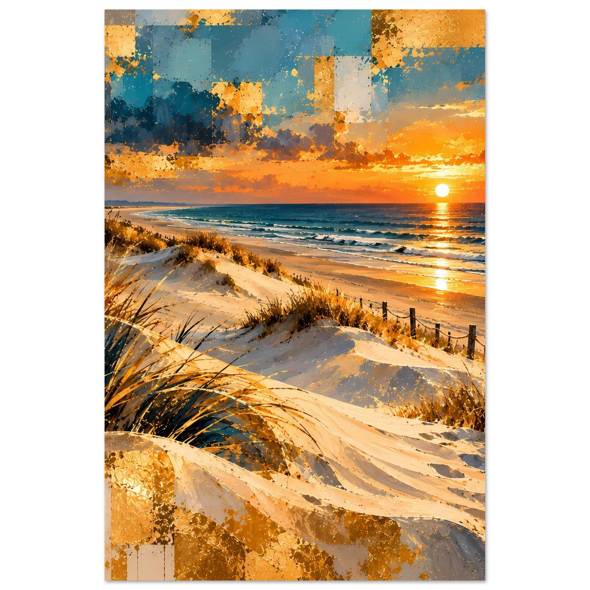 Vertikales Poster: Dünen mit Strandweg, Meerblick und goldene Sonne