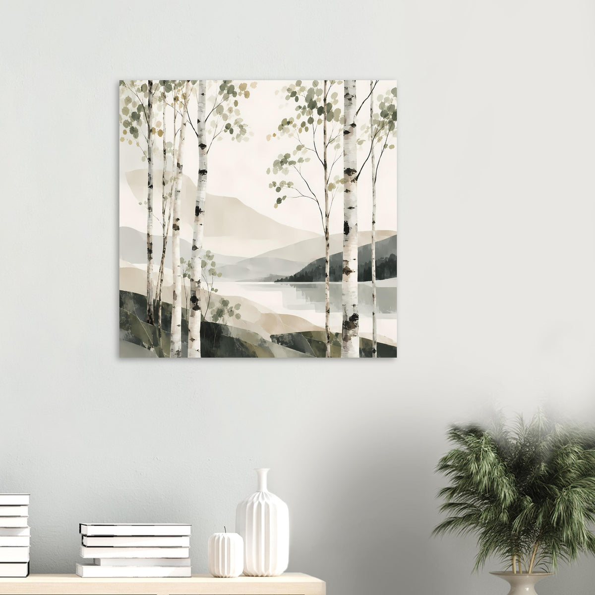 Kleines horizontales Poster mit Birkenwald, Laubzweigen und sanften Hügellinien