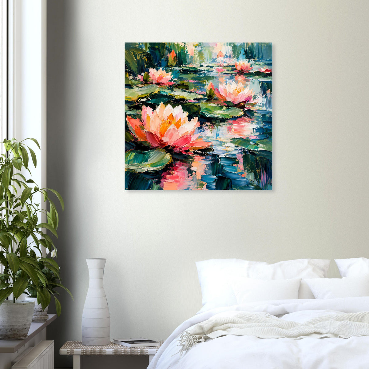 Quadratisches Seerosenbild-Poster mit farbigen Blüten in Blau, Grün und Rosa