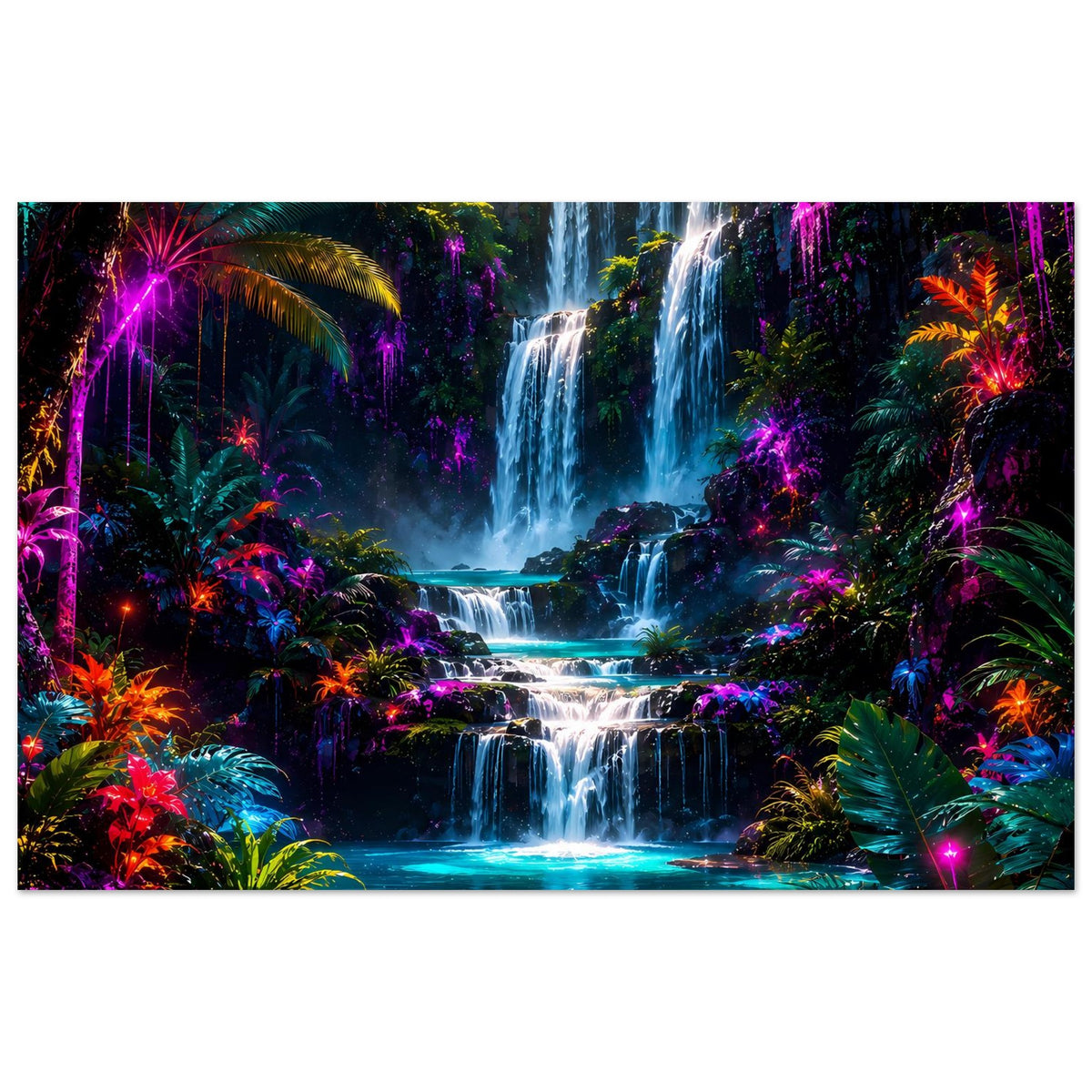 Poster im Querformat mit tropischem Wasserfall, farbigen Pflanzen im Neonstil und türkisfarbenem Fluss.
