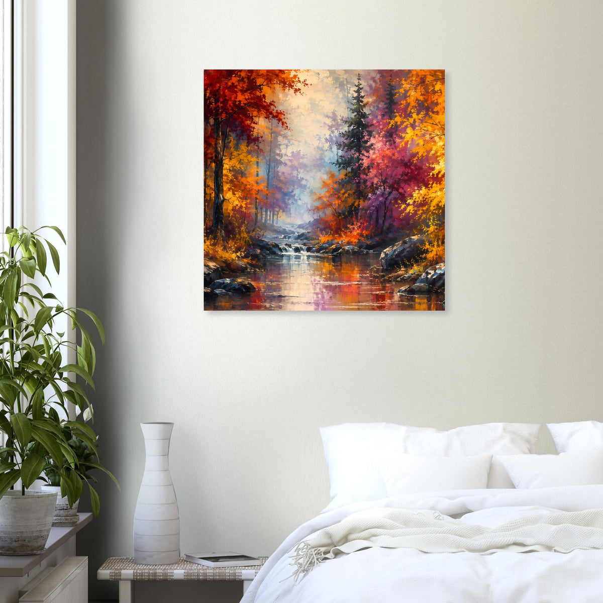 Quadratisches Poster mit Herbstwald und Fluss, orange und violette Baumkronen