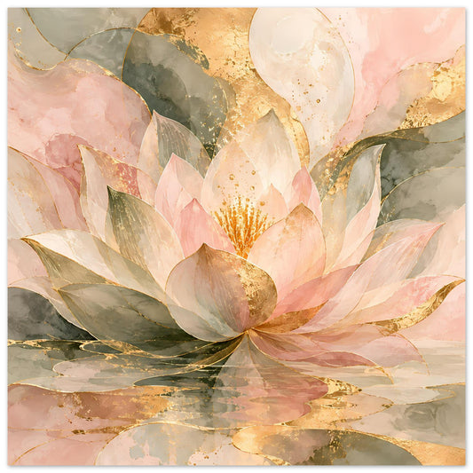 Zen-Poster mit zarter Lotusblüte in Rosé, Gold und Grün