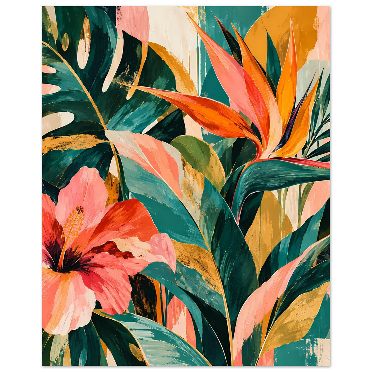 Florales Kunstposter mit pinker Blüte links und orangefarbener Blüte rechts, tropische Blätter