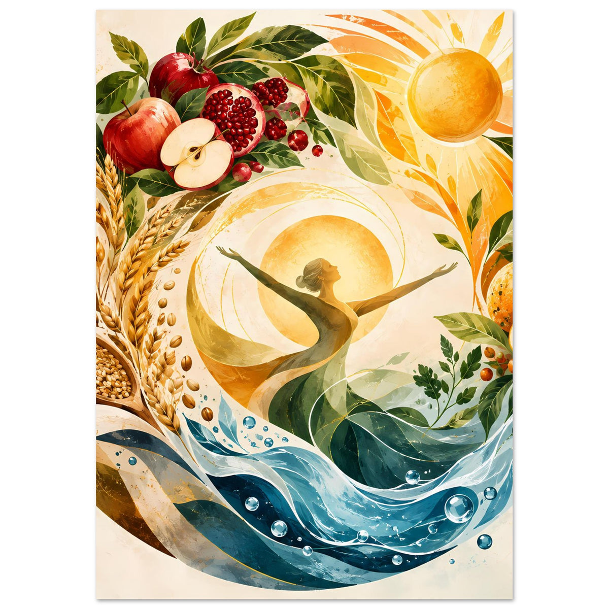 Hochformat-Poster mit Erntekranz aus Früchten, Ähren und Blättern sowie Sonne und Wellen