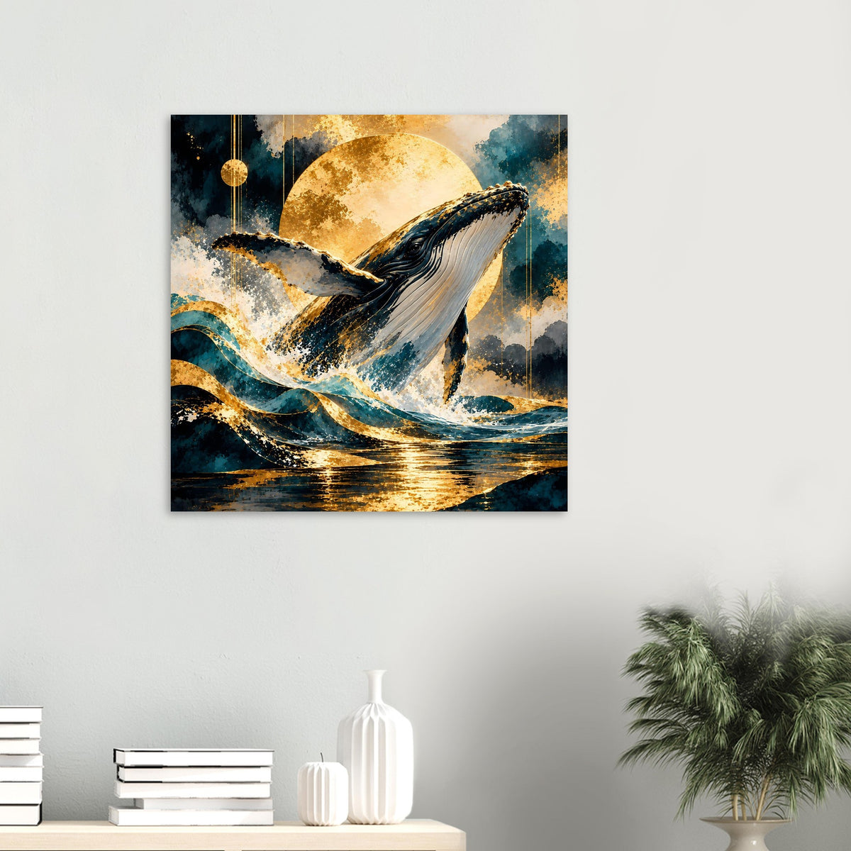 Kleines quadratisches Poster mit springendem Buckelwal, goldener Mond über Wellen