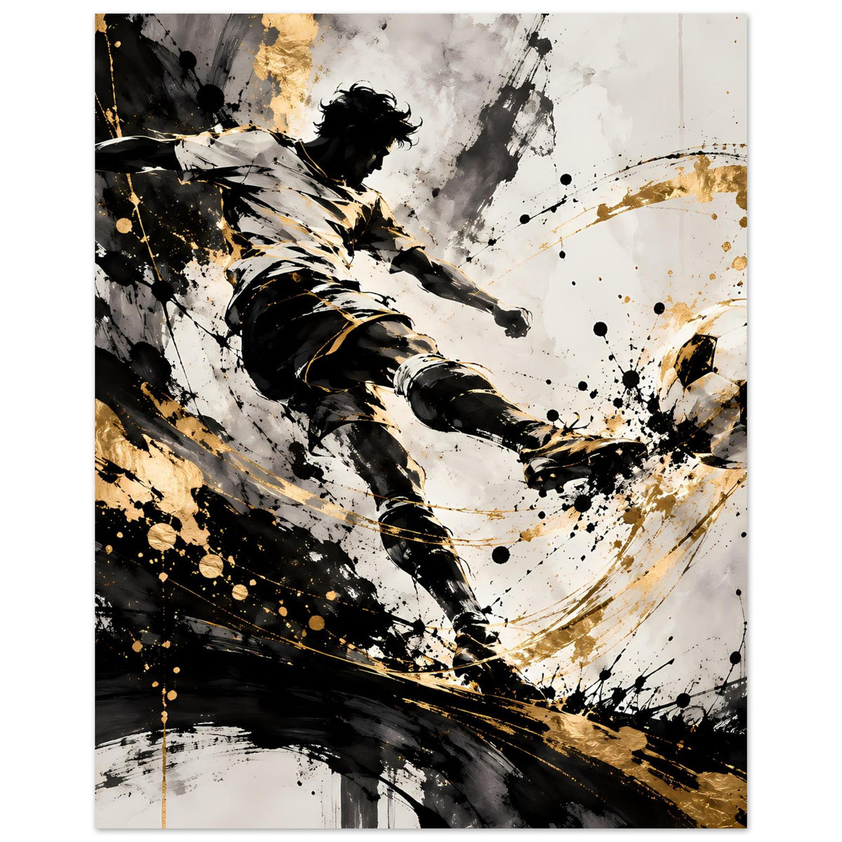 Fußballspieler-Poster, vollständige Motivansicht: Spieler im Schuss, Schwarz-Gold Spritzer