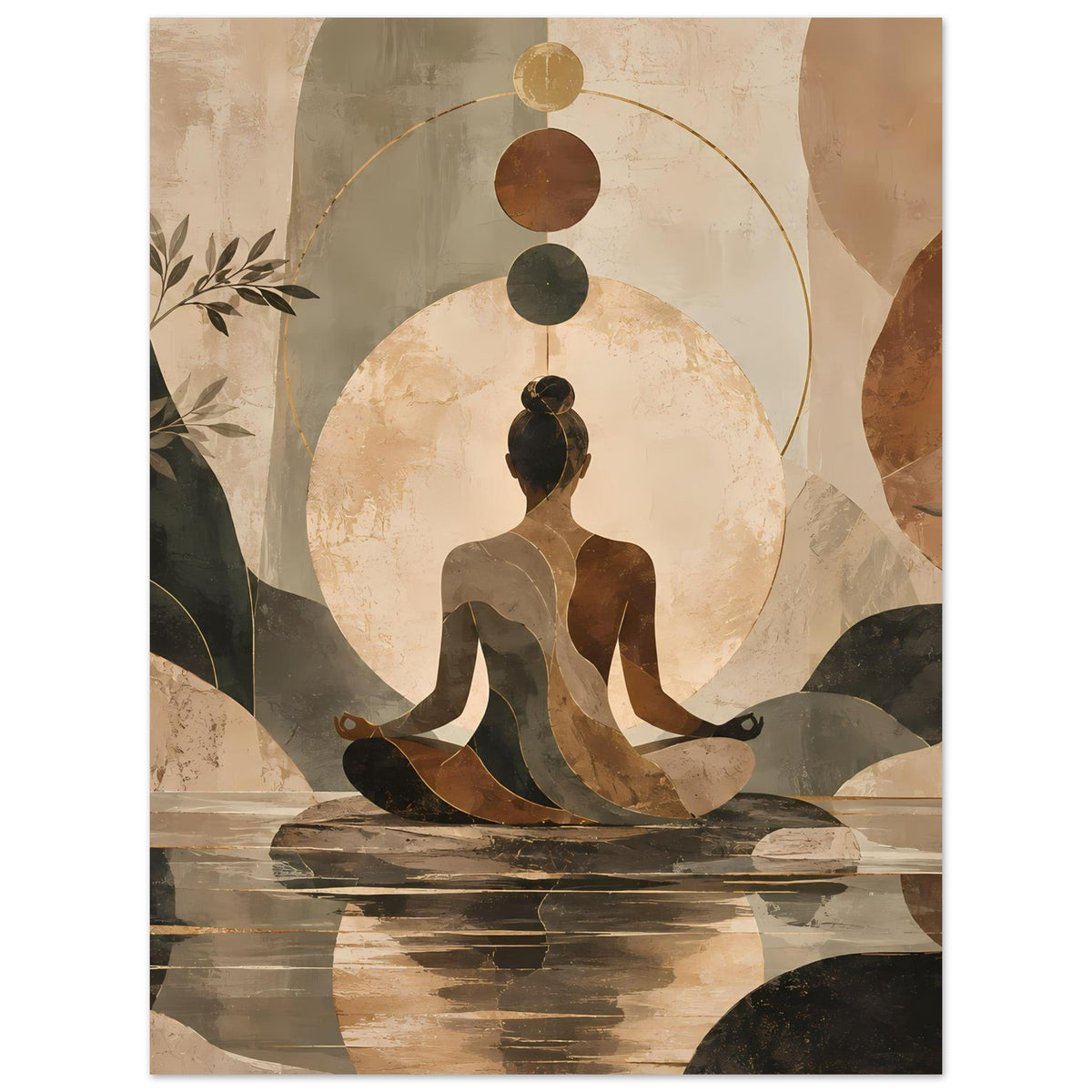 Abstraktes Poster: sitzende Meditationsfigur, großer Kreis und goldene Linien in Erdtönen