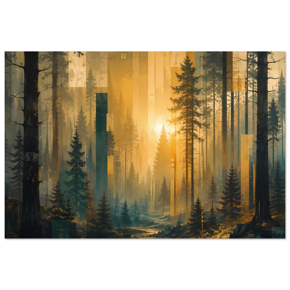 Wandposter Waldlandschaft mit Tannen und goldenem Morgenlicht, kleiner Bach im Vordergrund
