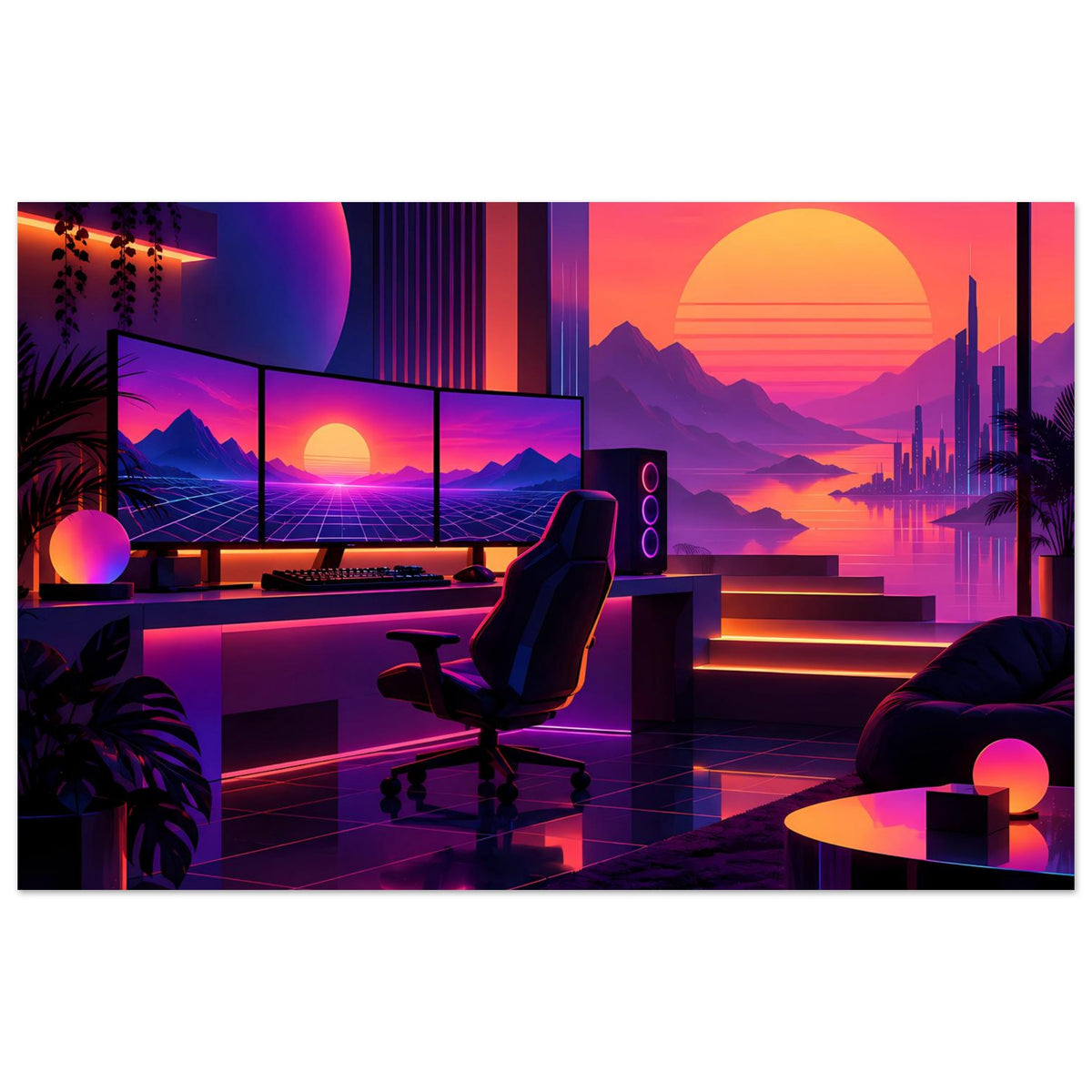 Neon-Retro-Poster mit futuristischem Sonnenuntergang, Sitzecke und Spiegelungen