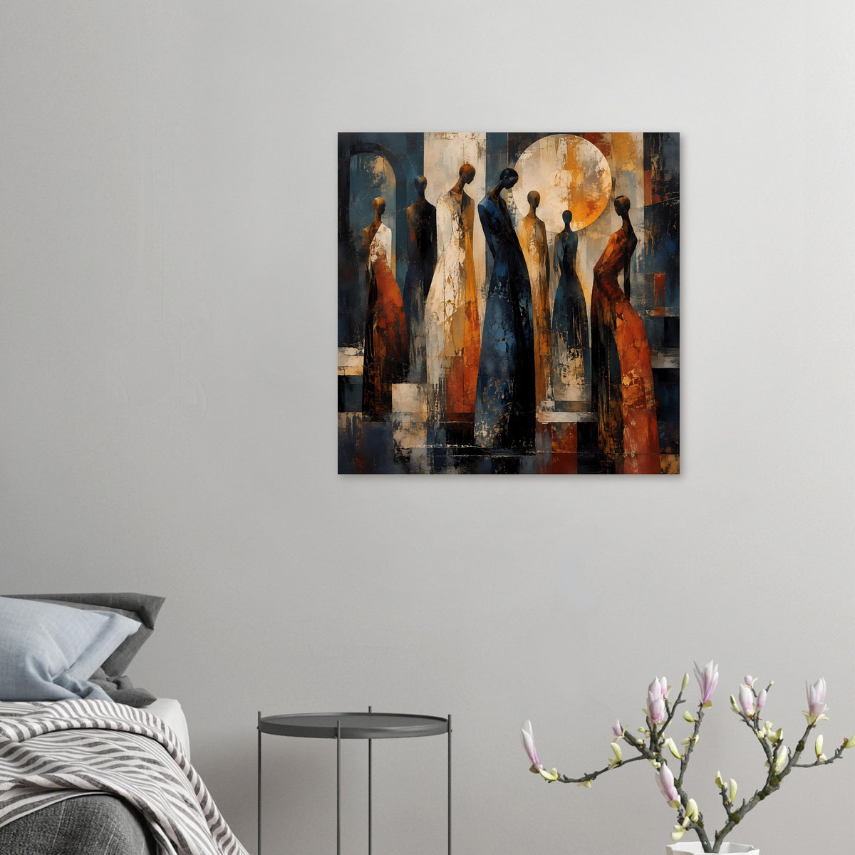 Abstraktes Kunstposter mit warmen Figuren, orange-blaues Design, im Wohnraum an der Wand