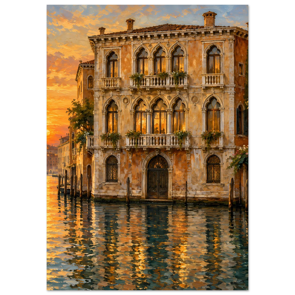 Vertikales Poster: Venedig bei Sonnenuntergang mit Palazzo-Fassade und Wasserreflexen