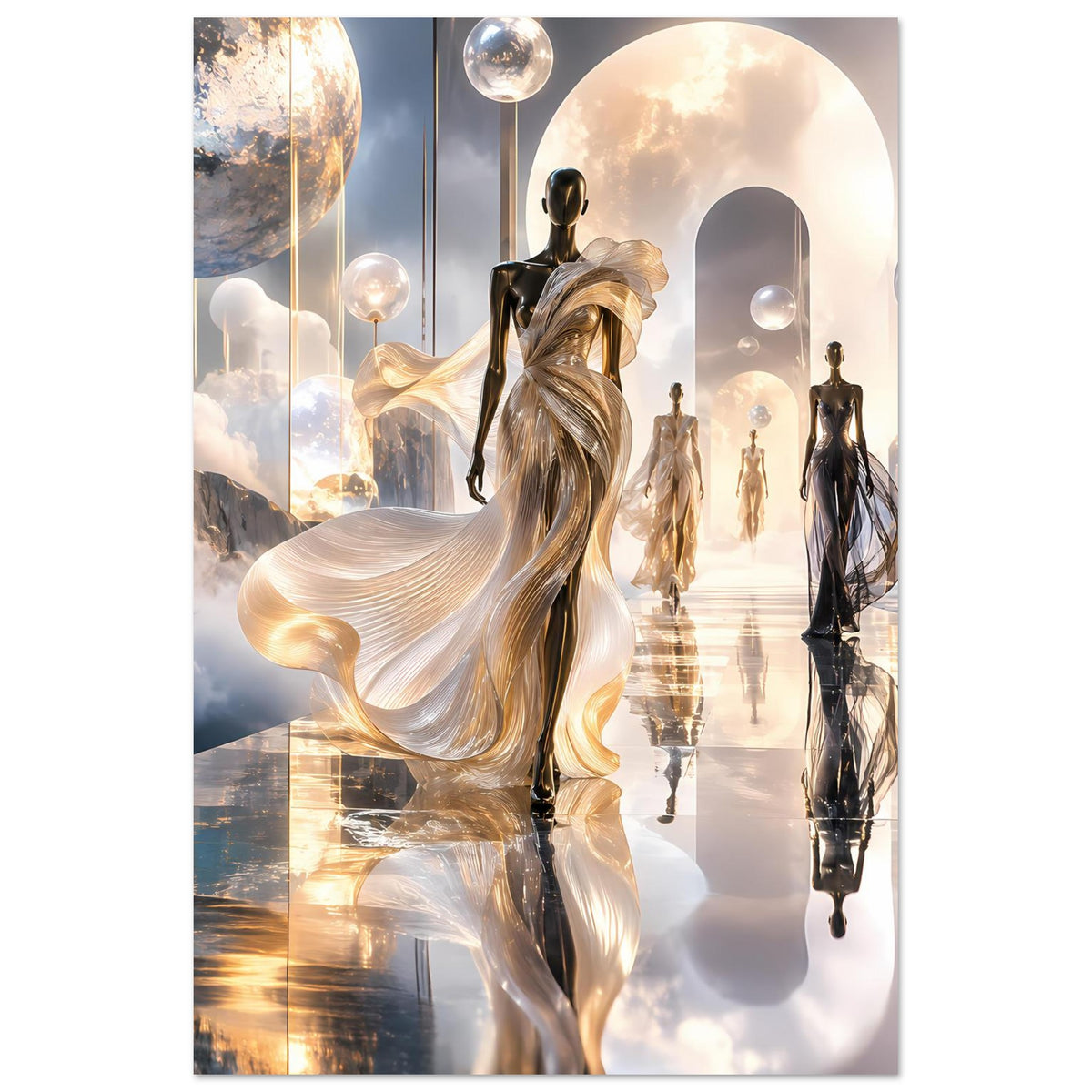 Fashion-Runway-Poster (vertikal): goldene Figurengruppe mit dunklen Silhouetten im Licht