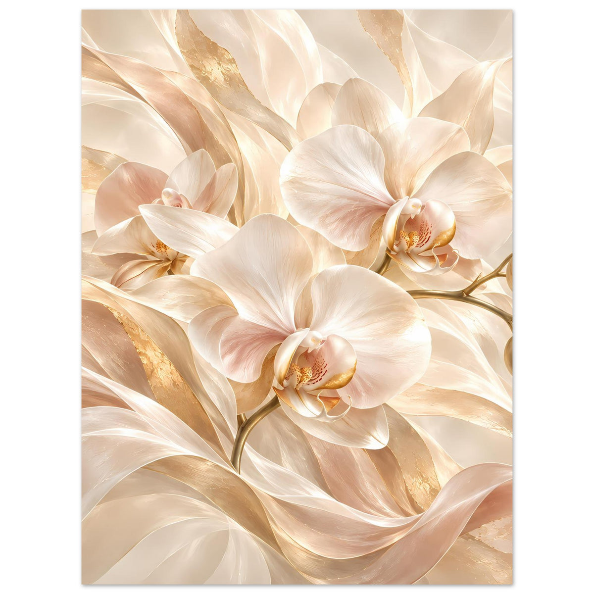 Orchideenposter mit mehreren weißen Orchideenblüten und schimmernden Goldpartien
