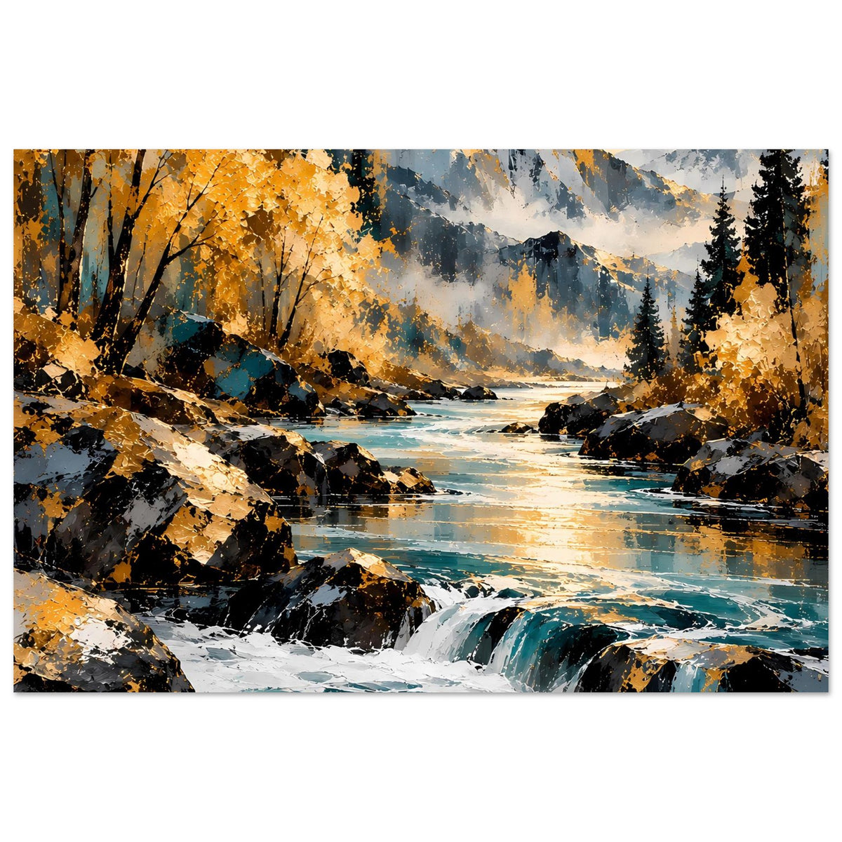 Horizontales Poster mit Fluss und Wasserfall, Felsen, herbstliche Bäume und Berge