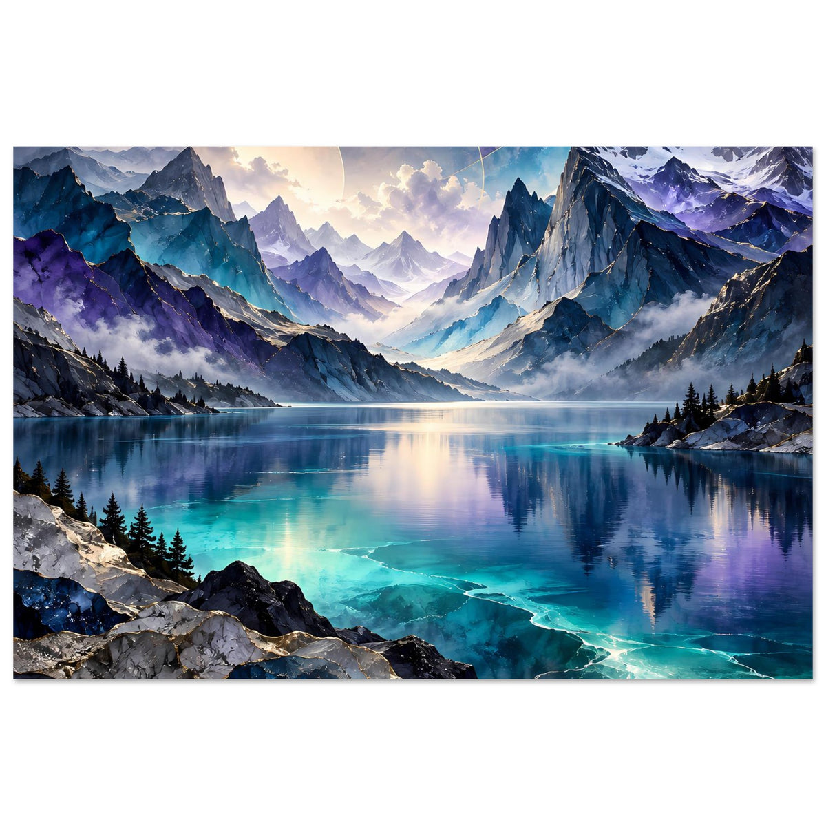 Querformatiges Poster mit spiegelndem Bergsee, violett-blauen Gipfeln und leuchtendem Uferwasser