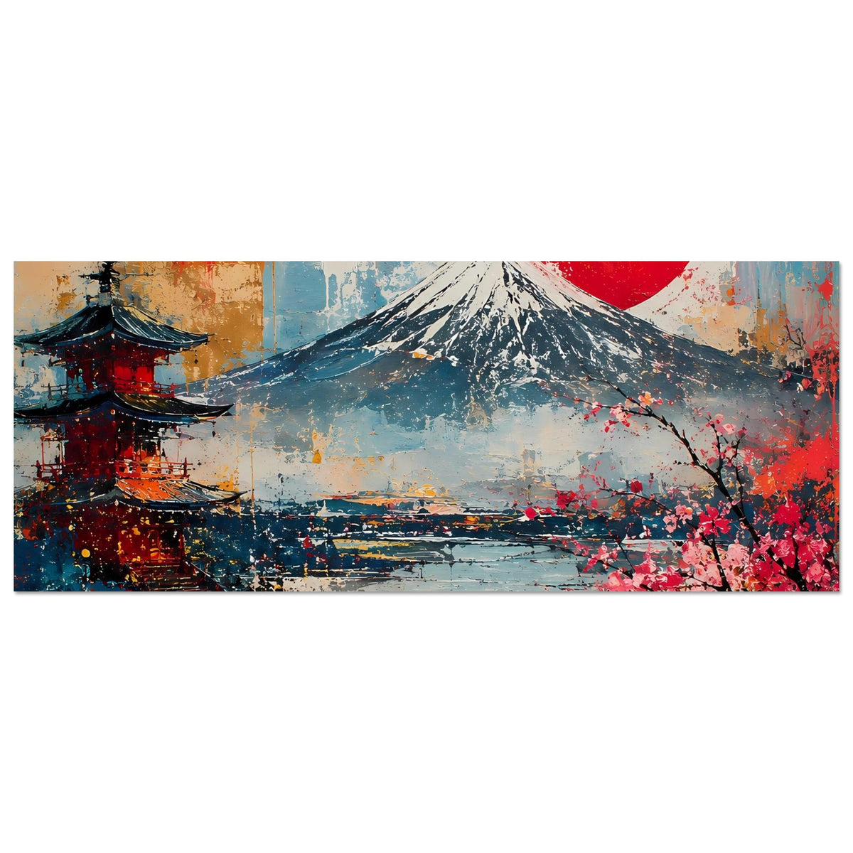Japanisches Landschaftsposter (querformat): Fuji mit Kirschblüten und rotem Mond, abstrakt