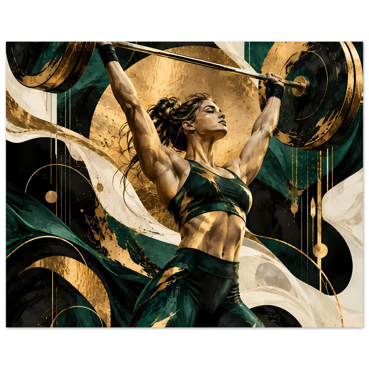 Kunstposter: Athletin hält die Langhantel oben, grünes Outfit mit goldenen Akzenten