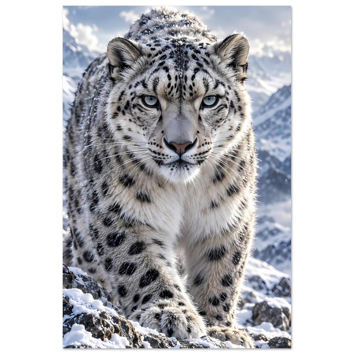 Schneeleoparden-Poster im Hochformat: Blick nach vorn, Vorderkörper im Schnee