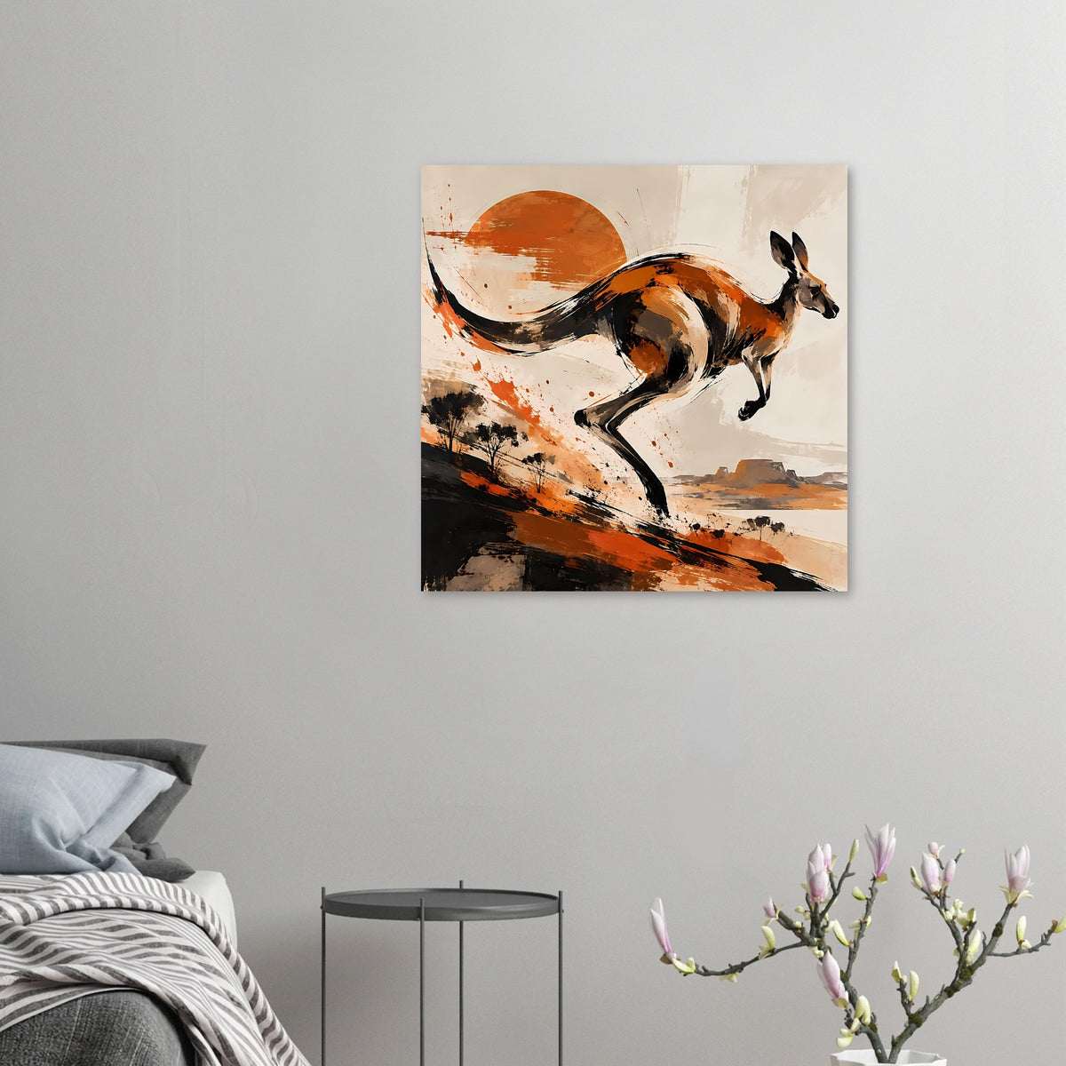 Kleines Tierposter an der Wand: Känguru im Lauf, abstrakte Erdtöne und schwarze Linien.