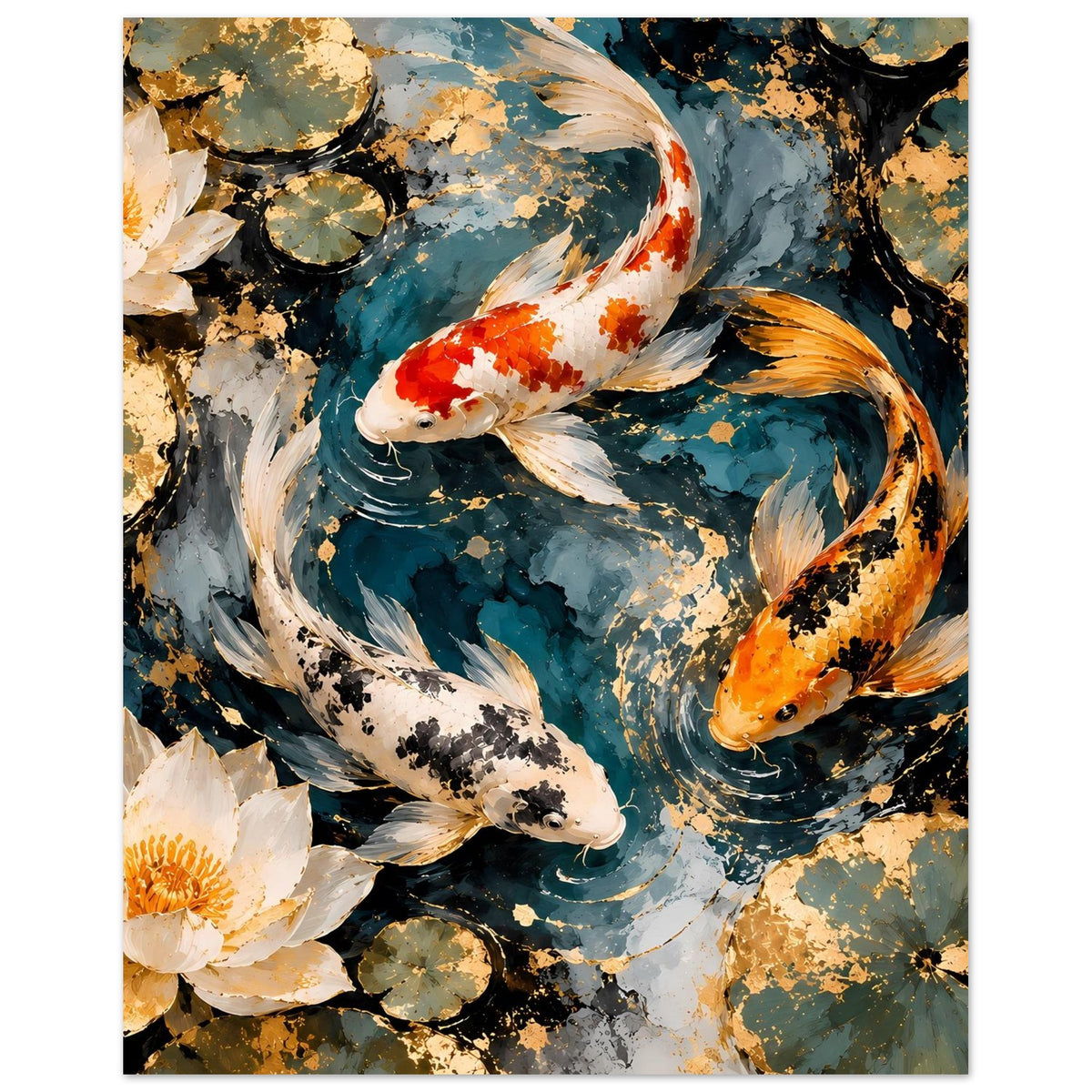 Kunstposter mit Koi-Fischen im Teich, rote und orange Schuppen, Lotusblüte unten links