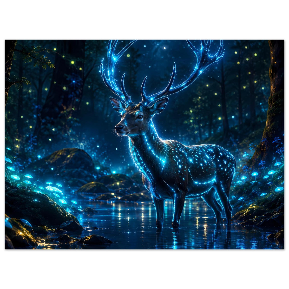 Poster mit leuchtendem Hirsch im Nachtwald, blaues Funkeln auf Fell und Wasser