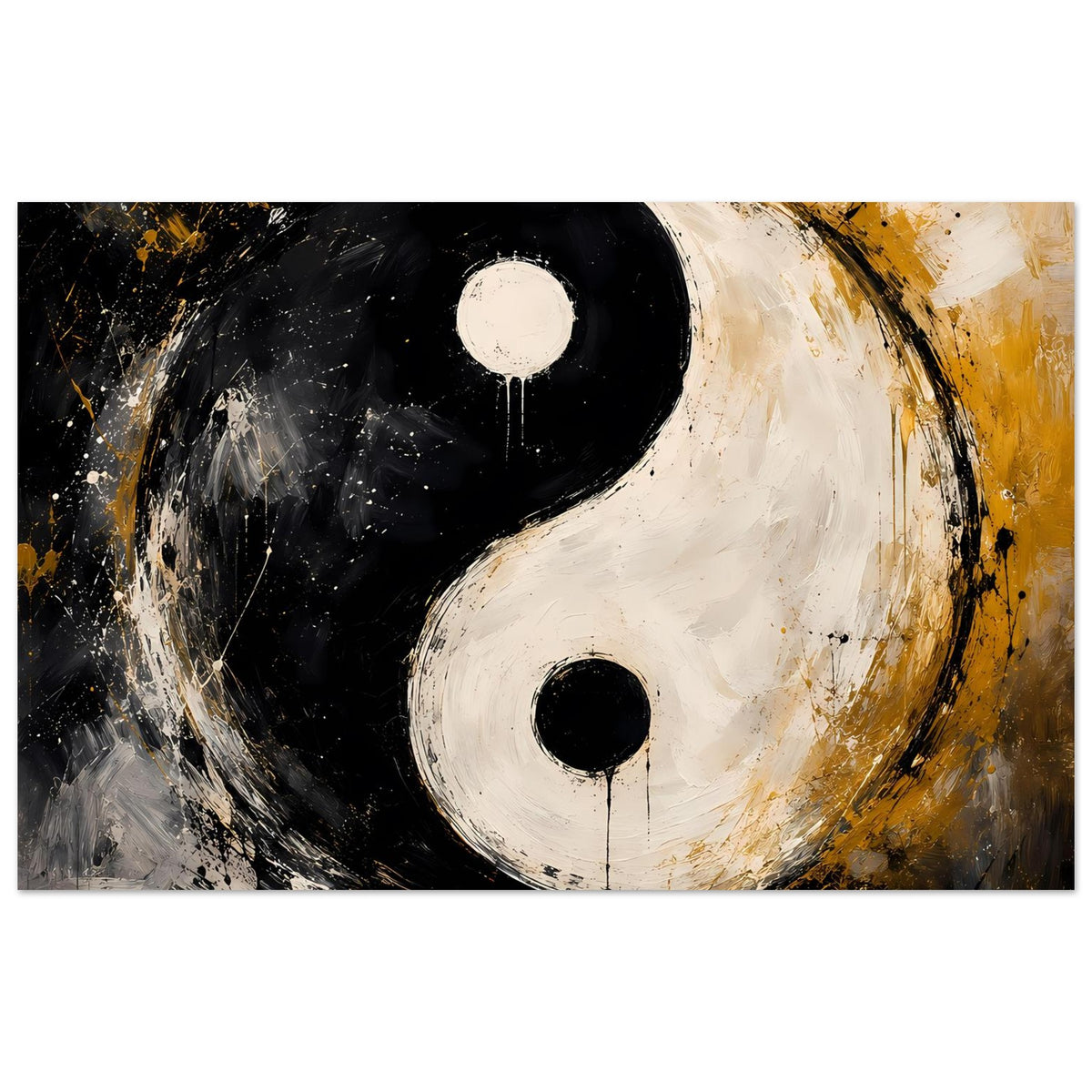 Abstraktes Yin-Yang-Poster: schwarzer und weißer Halbkreis mit goldenen Spritzern