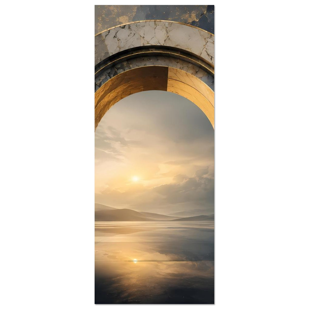 Vertikales Poster: Marmorbogen mit goldener Einfassung über Sonnenuntergang und Wasserreflexen