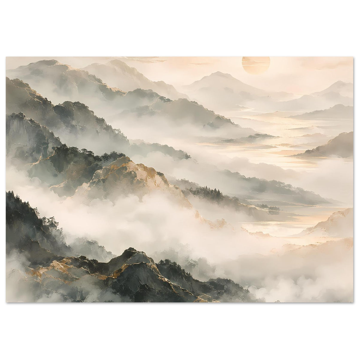 Horizontales Poster mit nebligen Berglandschaften und rundem Sonnenscheibe in zartem Goldton