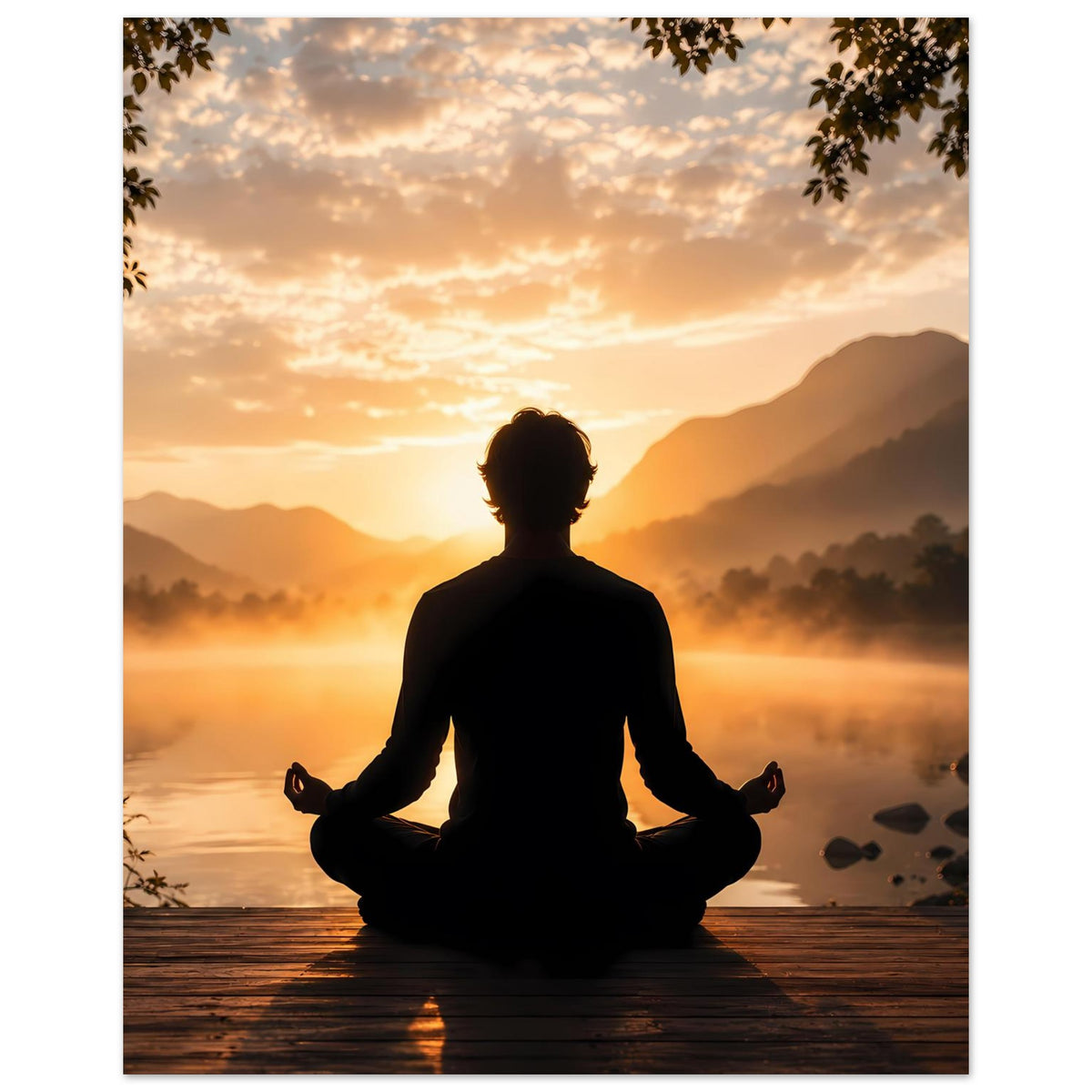 Poster Hochformat mit Meditationssilhouette beim Sonnenaufgang über See und Berge.
