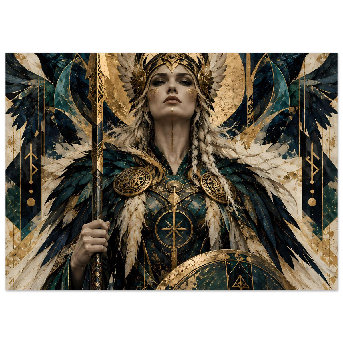 Wikinger-Poster im Querformat: Kriegerin mit goldenen Kopfschmuck, blauen Federn, Kreis-Schild