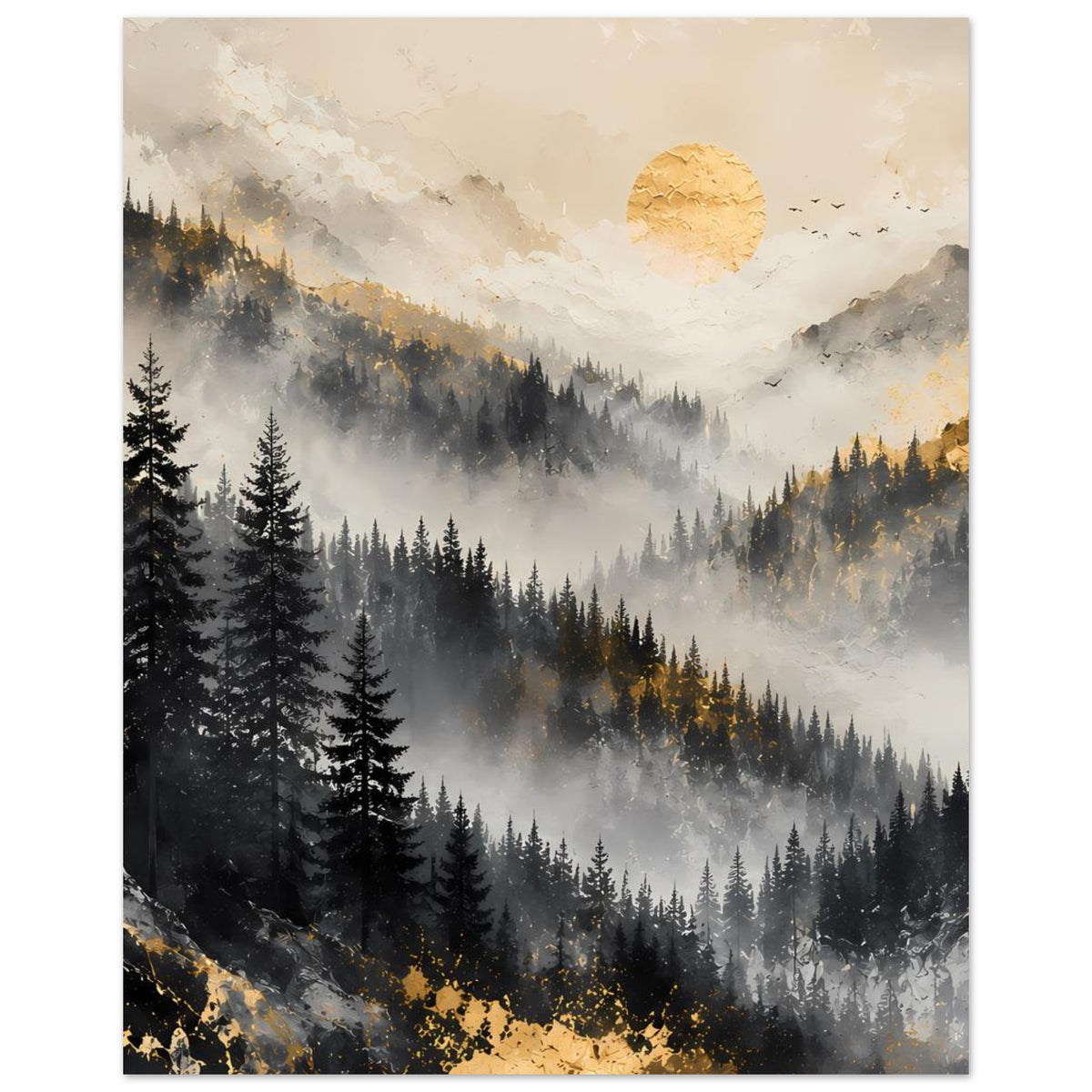 Vertikales Landschaftsposter mit Berglandschaft, Tannenwald, goldenem Mond und Vögeln