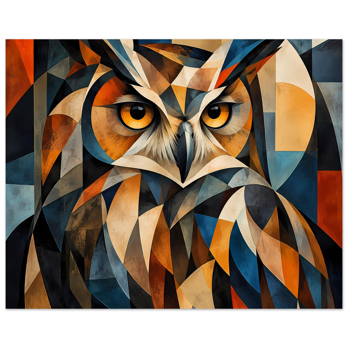 Abstraktes Eulen-Tierposter, breite Ansicht: geometrische Augen, blau-orange Farbflächen