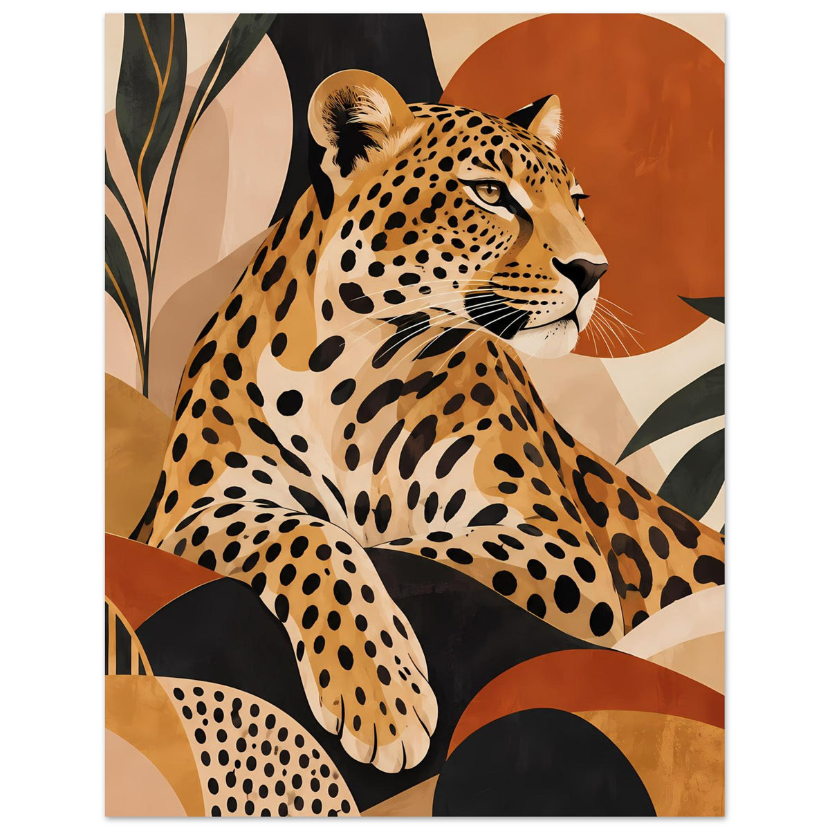 Leoparden-Tierposter mit Leopardenkopf in Nahansicht und Pünktchenfells in warmen Farben