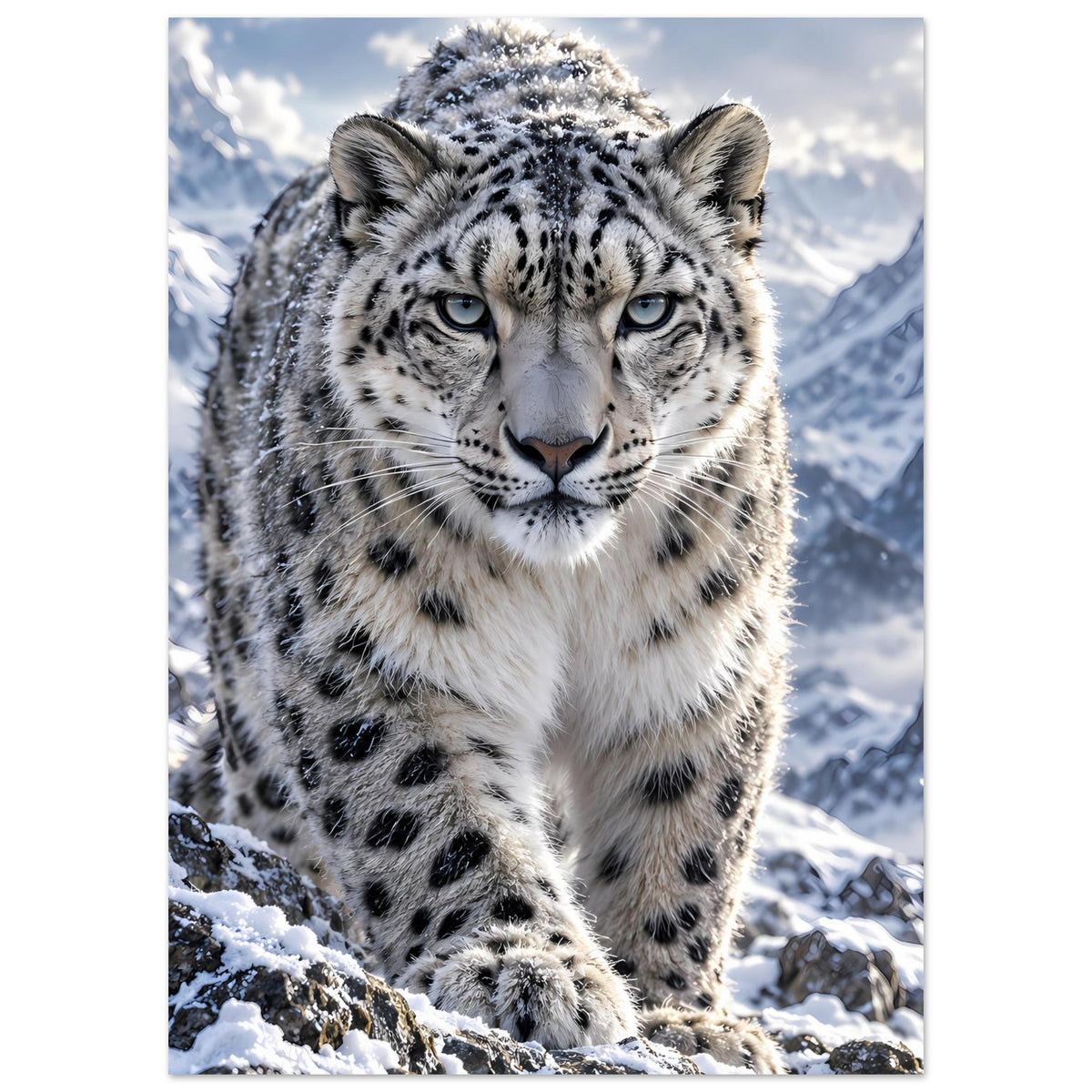 Poster mit Schneeleopard im Schnee, Vorderpfoten unten, Kopf mittig platziert