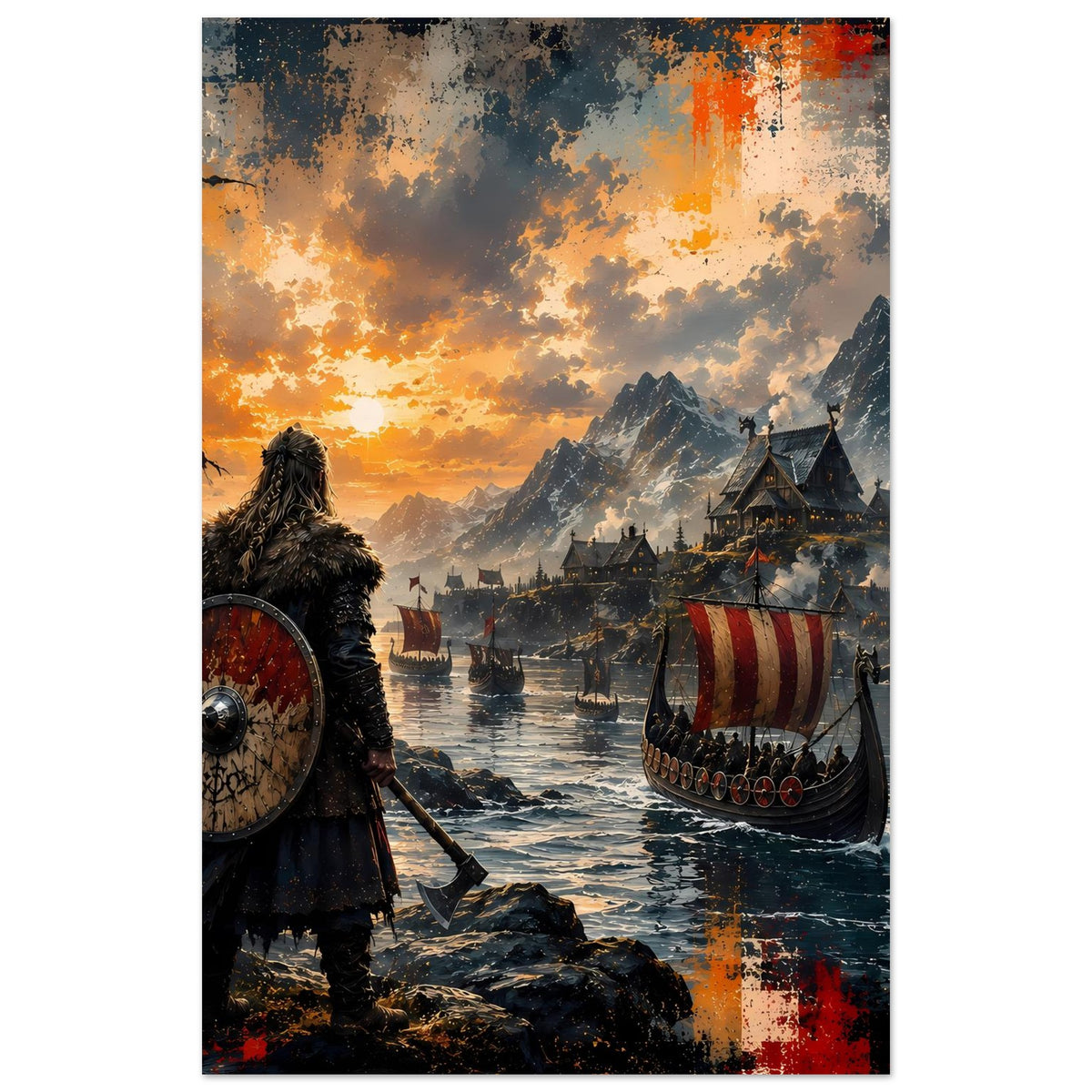 Wikinger-Saga-Poster, schmaler Zuschnitt: Krieger mit Rundschild und Langboot in orangefarbenen Wolken