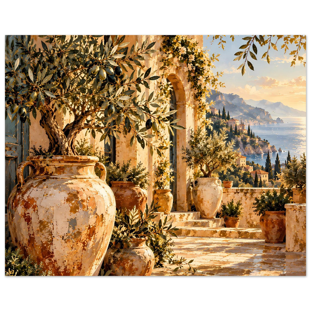 Posteransicht: mediterrane Terrasse mit Olivenblättern, Vasen und Treppenweg