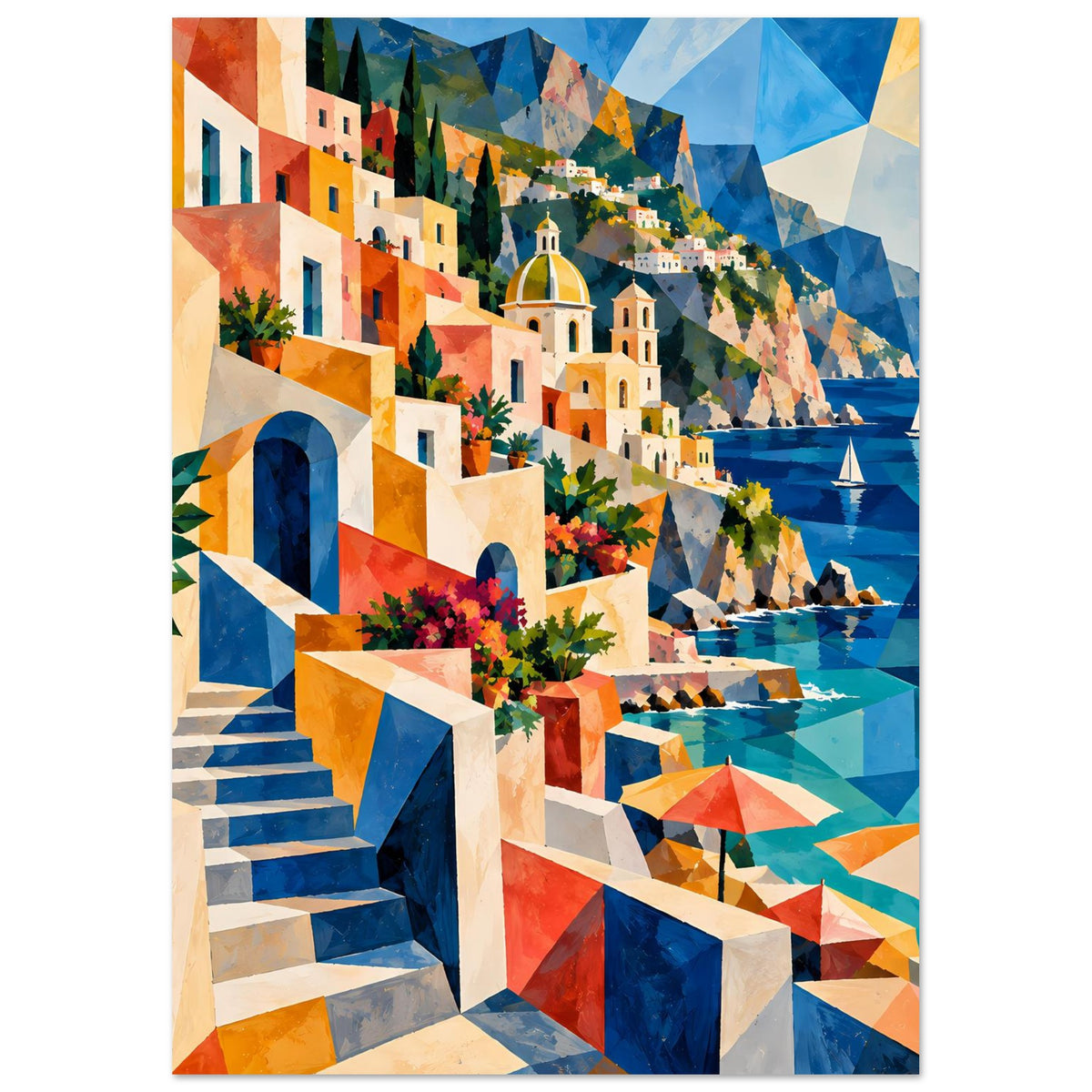 Kunstposter (Hochformat) mit mediterraner Küste: farbige Häuser, Treppe und blaues Meer